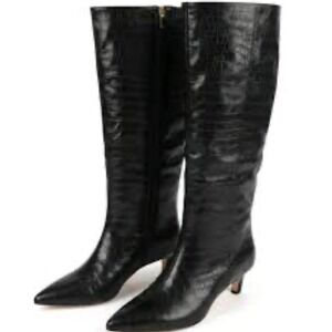 Nordstrom Rack Dauphine Black Croc Embossed Knee High Kitten Heel Boots 6.5M